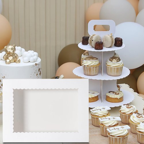 Mefleet 10pcs 19x14x4 Half Sheet Cake Boxes with Window Rectangle 1/2 Sheet Bakery Boxes for Pastry Baking Cake, Cupcakes, Donuts, Cookies, Pie Treat Packaging White Large