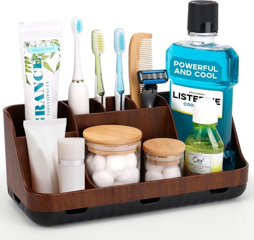GFWARE Wood Toothbrush Holder - 7 Slot Detachable Bathroom Organizer | Brown Wooden Caddy for Kids