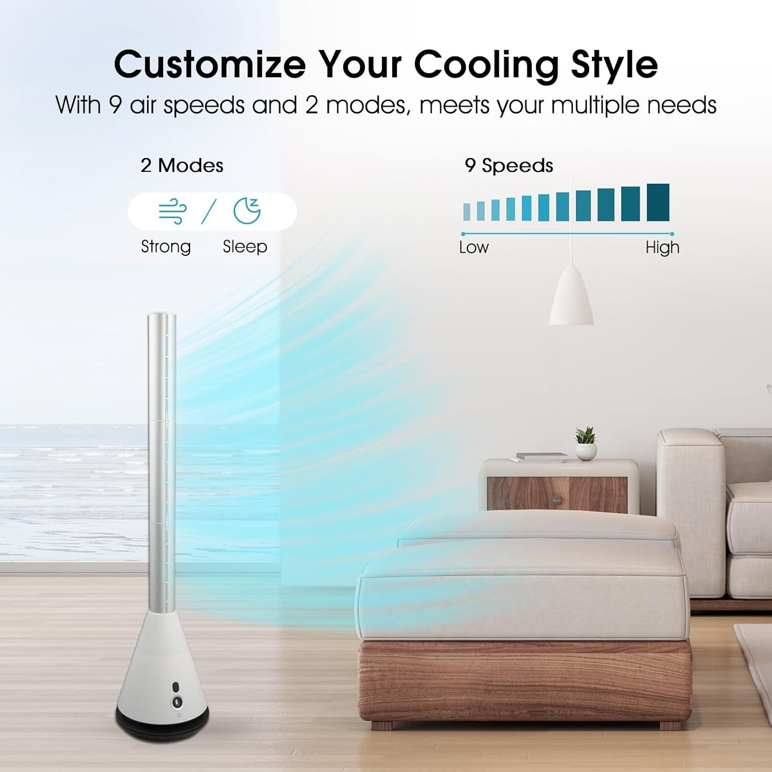 Skiennix Bladeless Tower Fan - 80° Oscillation, 9 Speeds & Remote Control | Ideal for Home & Office