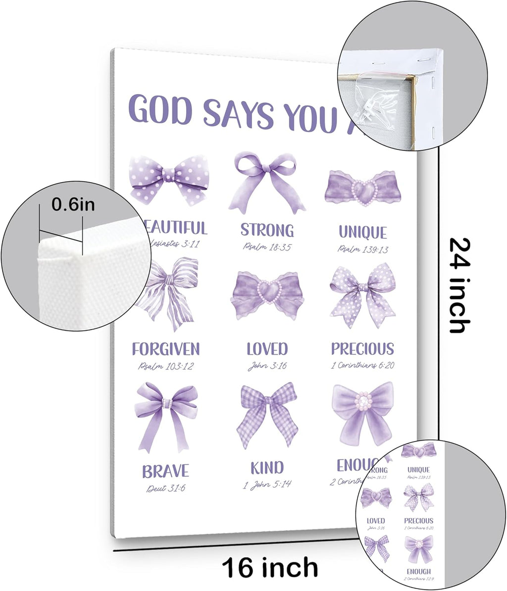 PHAMTE Christian Wall Art - Purple Bow Canvas Decor 16x24 | Inspirational Bible Verse for Girly Room