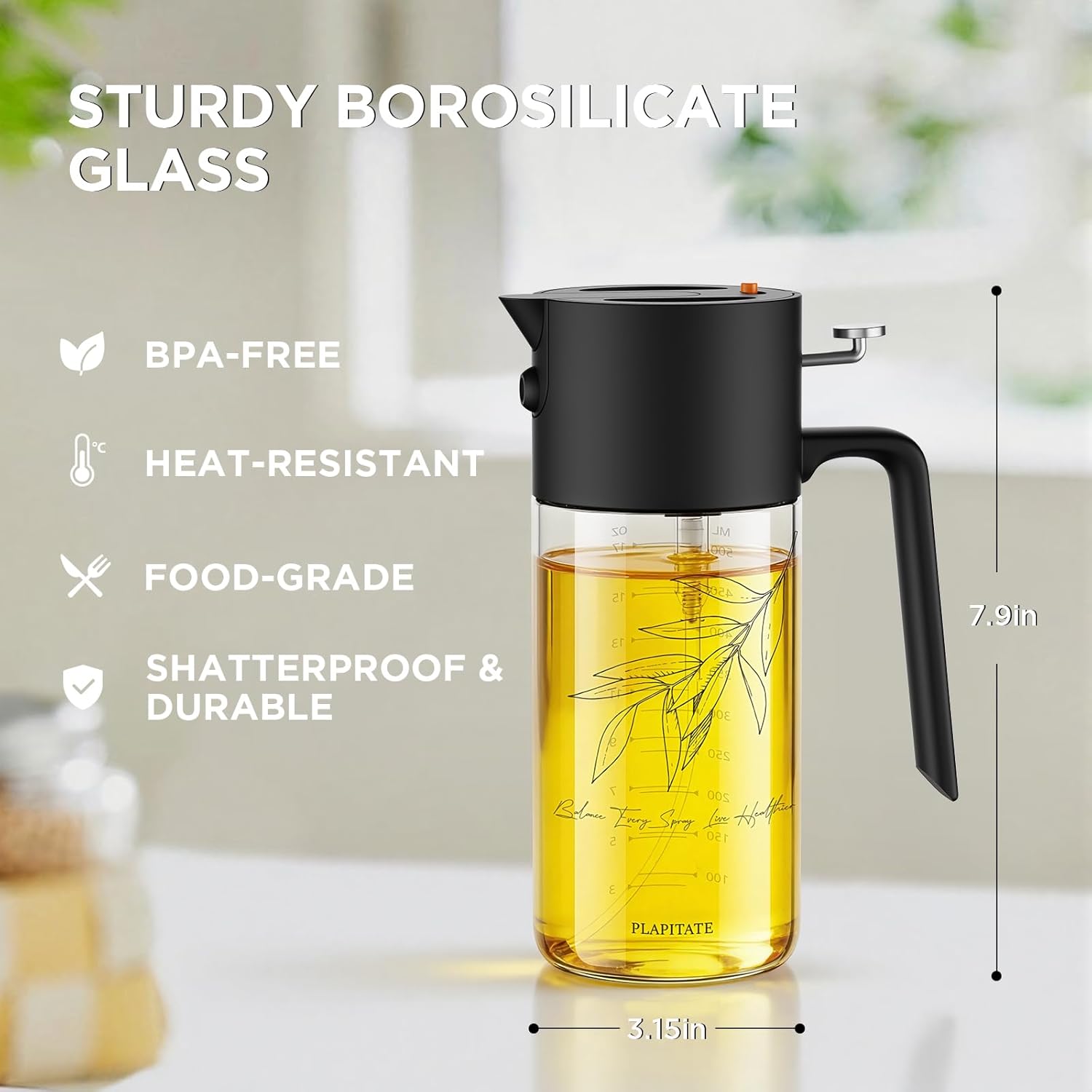 PLAPITATE Premium Olive Oil Sprayer - 2-in-1 Glass Dispenser with Portion Control | 17oz Black