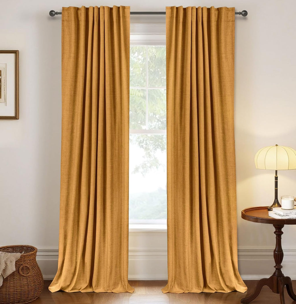 Skiennix 100% Blackout Linen Curtains - Thermal Insulated Drapes, 50" W x 102" L, Mustard Yellow - 2 Panels Set