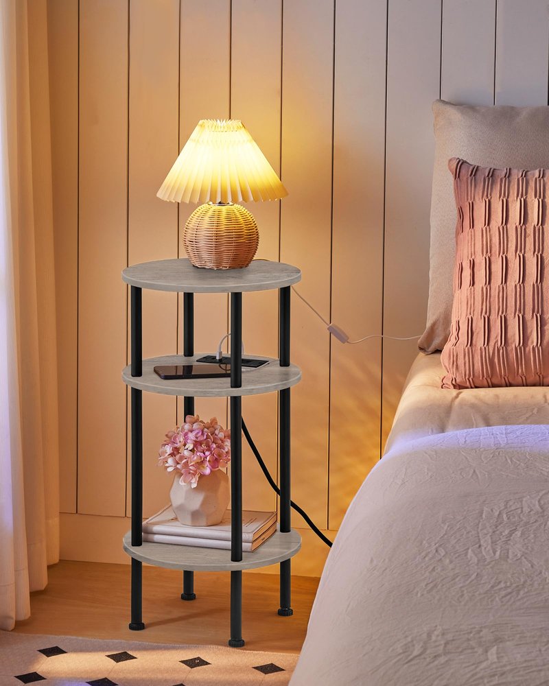 CHOEZON Small Round Side Table with Charging Station, Round End Accent Table, 3-Tier Sofa Side Table for Small Spaces, Nightstand for Living Room, Bedroom, Greige and Black TBZ06UFH
