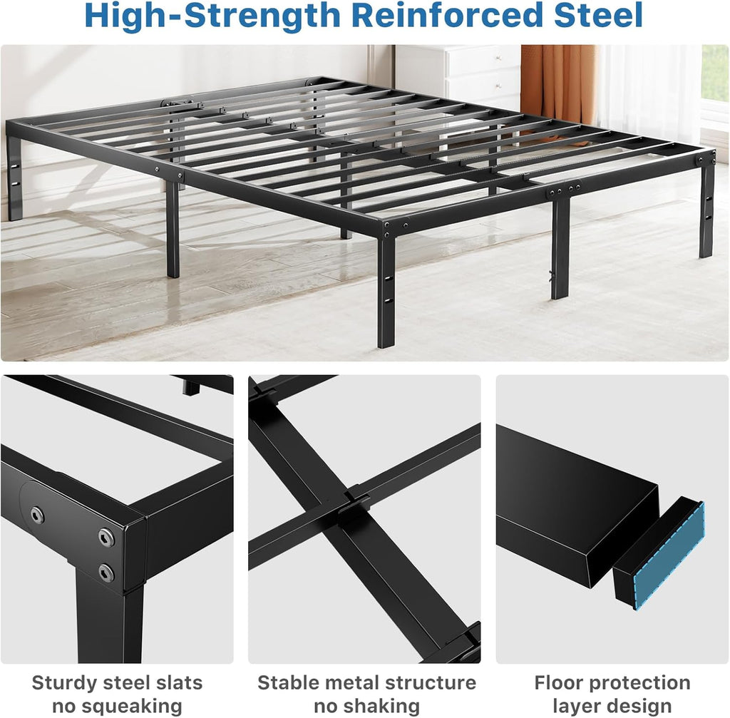 OLIXIS Metal Queen Bed Frame - 14-Inch High with Storage Space | Heavy-Duty Steel Slat Support, Black