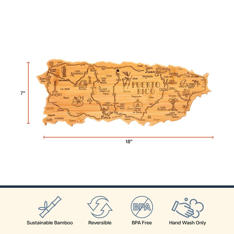 Totally Bamboo Destination Puerto Rico Shaped Cutting Board – Bamboo Charcuterie and Serving Board with Hang Tie for Wall Display