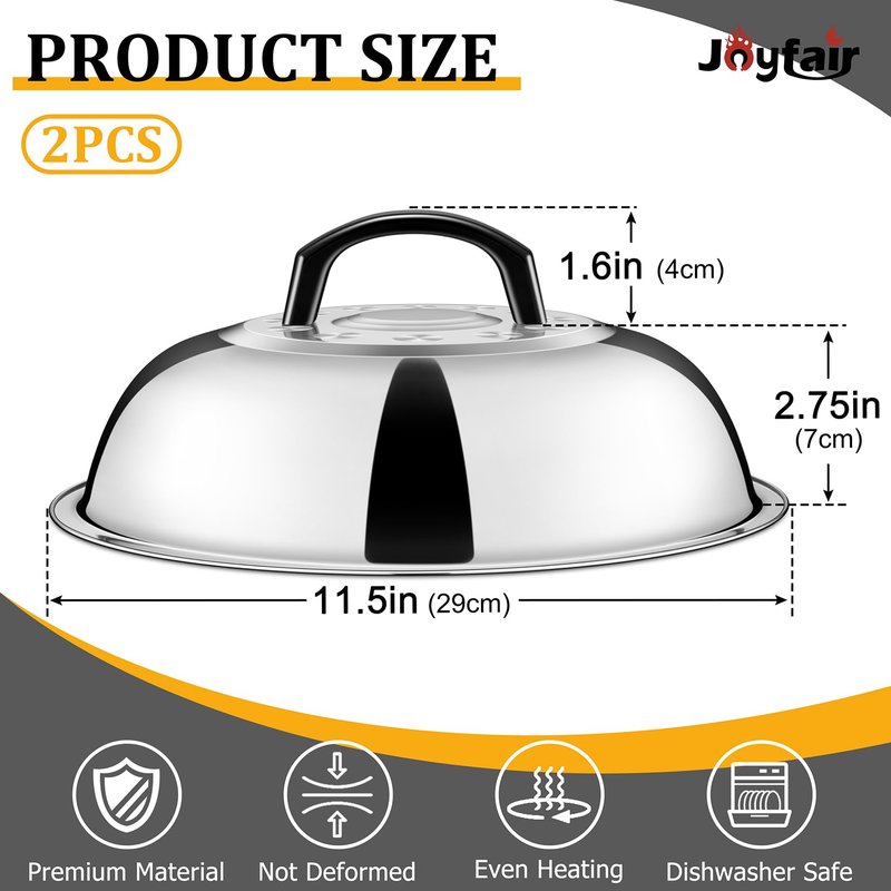 11.5 in Cheese Melting Dome Set of 2, Joyfair Basting Cover for Griddle, Stainless Steel Melt Lid with Heat-Proof Handle, Heavy Duty Griddle Accessories for Outdoor Flat top Grilling, Dishwasher Safe