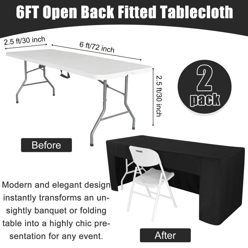 2 Pack Open Back Fitted Rectangle Tablecloths 96 x 30 Inch, Black Table Clothes for 8 Foot Tables, Washable Polyester Fitted Table Cover for Parties, Wedding, Banquet, Trade Show (Black, 8FT)