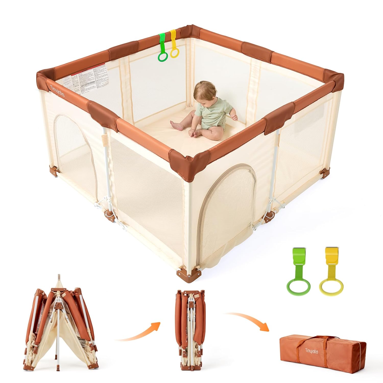 Tinyiota Foldable Baby Playpen - 50x50 Inch Portable Play Yard with Soft Mesh & Storage Bag | Brown