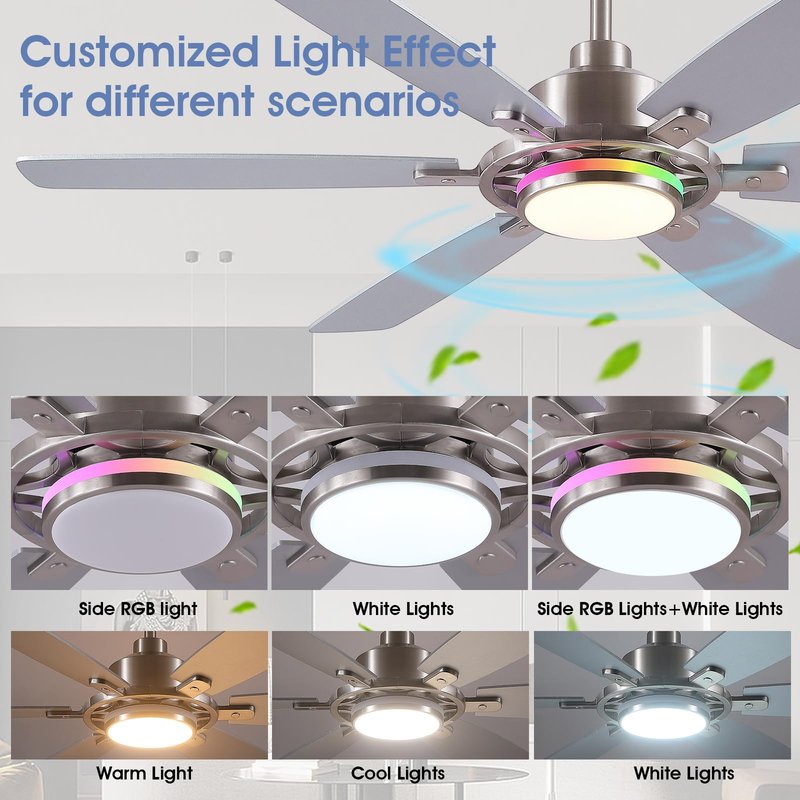 SHIHOT 54" RGB Ceiling Fans with Lights and Remote/APP,Modern Led Ceiling Fans with Quiet Reversible DC Motor,Sand Nickel