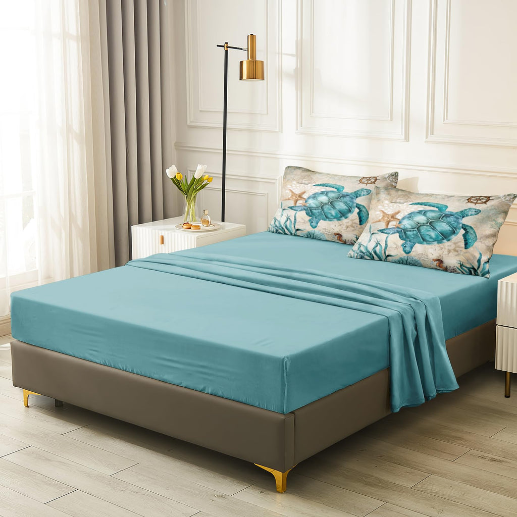 Merryword 8 Pieces Blue Green Comforter Set Full Size Ocean Life Bed in a Bag Turtle Beach Bedding Set Hawaii Style Summer Lightweight Bedding Comforter Set