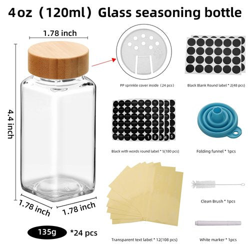 eispap 24 Pcs 4 OZ Glass Spice Jars with Bamboo Lids, Glass Jars with Minimalist Farmhouse Spice Labels Stickers, Collapsible Funnel, Seasoning Storage Bottles for Spice Rack, Cabinet, Drawer (24)