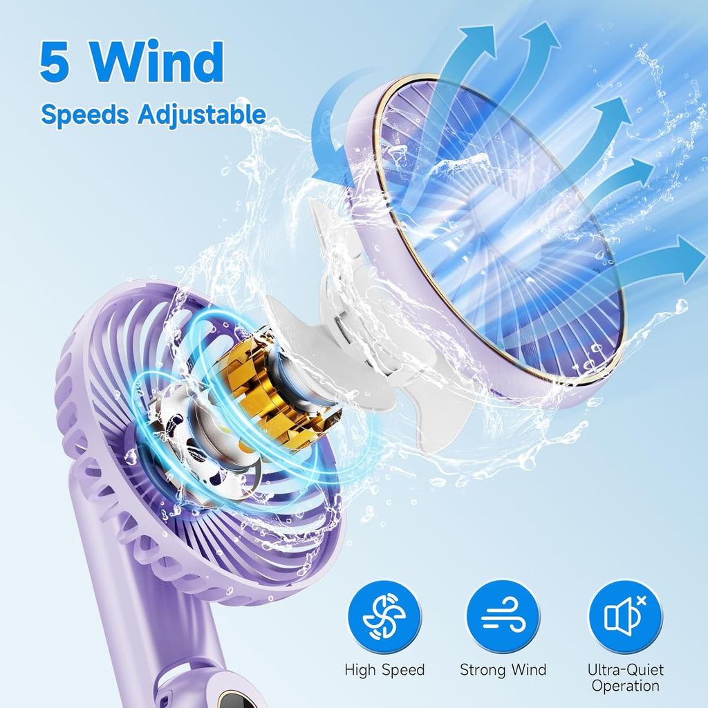 Skiennix Portable Handheld Fan - 180° Foldable USB Rechargeable Mini Fan with 5 Speed Settings | Purple