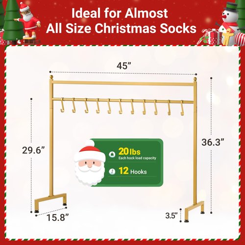 ELYKEN Christmas Stocking Holder, Freestanding Stocking Rack with 12 Removable Hooks, 60 LBS Loading Bearing Stocking Stand, Heavy Duty Metal Tubes with Stable Base and Adjustable Feet, Gold