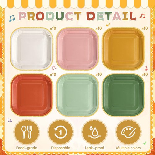Tiangrid 60 Pcs Boho Colorful Paper Plates 7 Inch Gradient Disposable Square Dessert Party Plates with Gold Edge for Birthday Wedding Bridal Baby Shower Party Supplies, 6 Colors