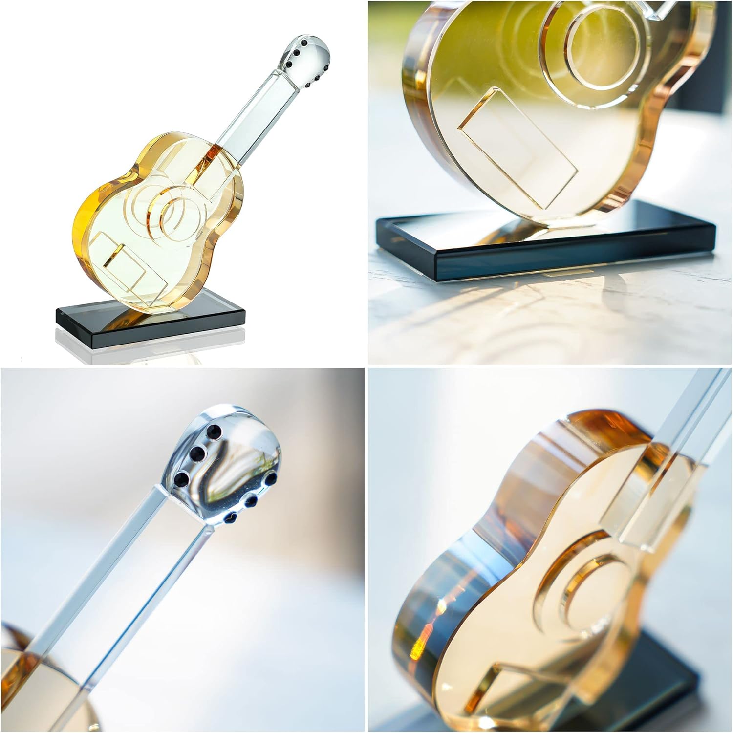 QFkris Crystal Guitar Figurine - Blown Glass Musical Sculpture Paperweight | Champagne Color Decor