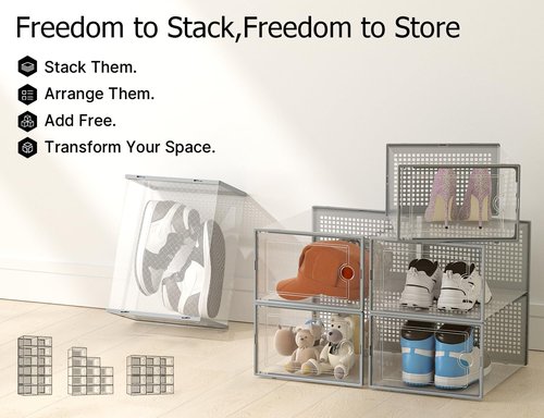 Kuject Shoe Storage Boxes - XX-Large Clear Plastic Organizers | Stackable 12 Pack for Closet & Under Bed, Grey