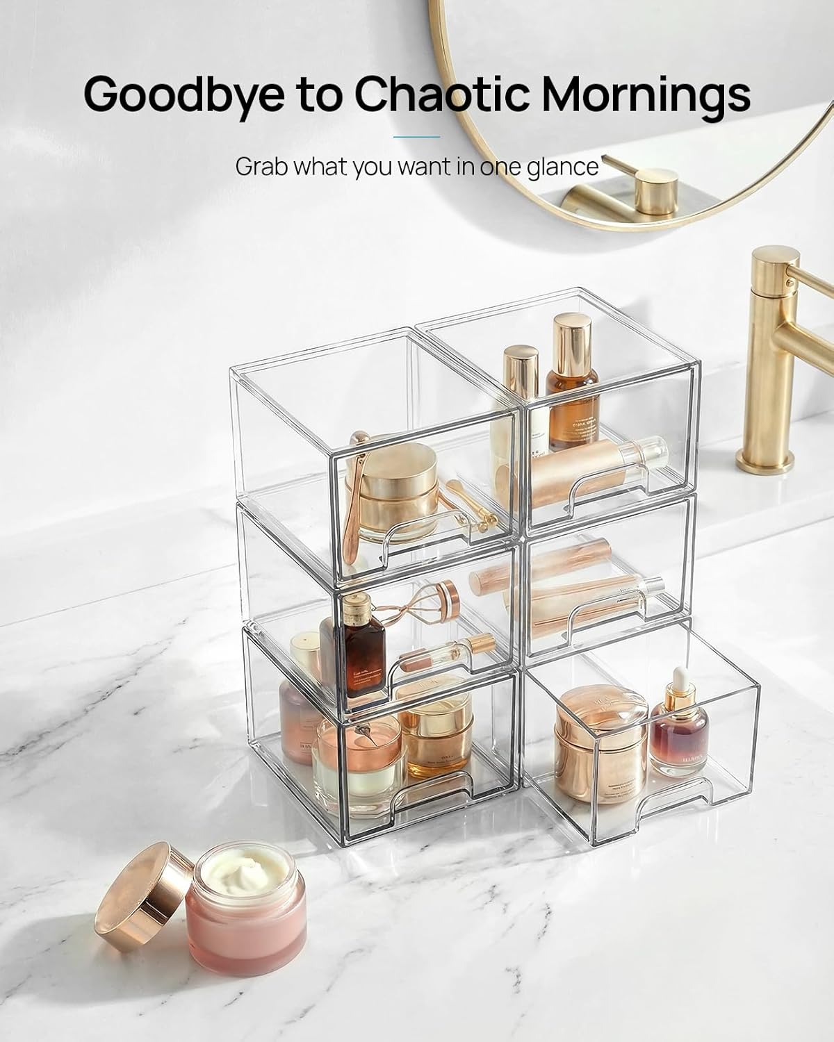 Vtopmart Small Clear Stackable Storage Drawers - Acrylic Makeup Organizer for Bathroom & Kitchen | 4 Pack