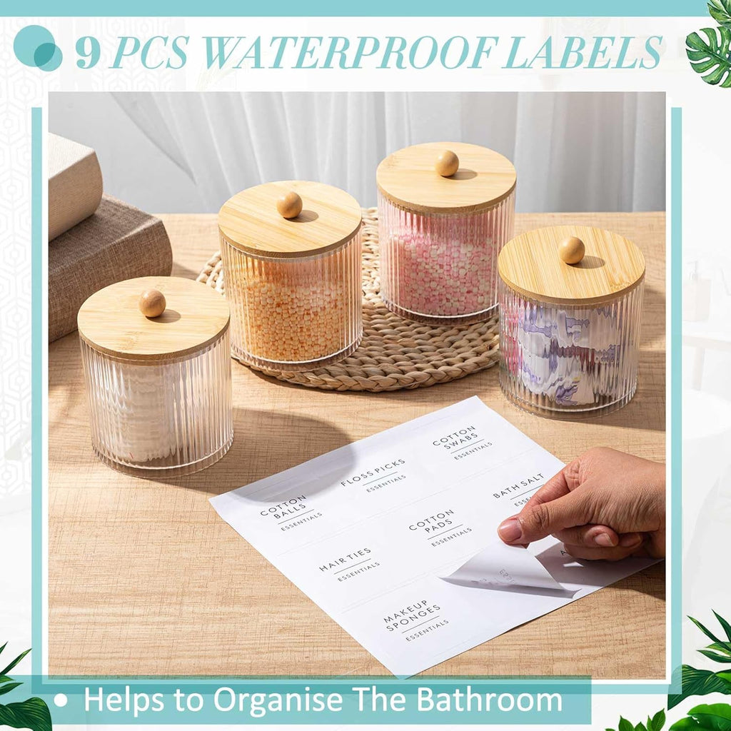 Yaomiao 6 Pcs Ribbed Bathroom Canisters - Stylish Apothecary Jars with Bamboo Lids & Labels | 18 oz Storage for Cotton Balls, Swabs, Floss Picks