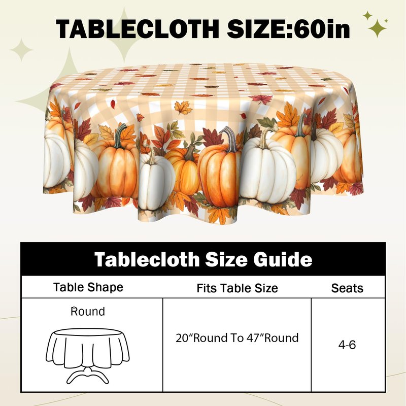 VentuCoven Pumpkin Table Cloth Fall Tablecloth 60 inch Maple Leaf Round Tablecloth for Kitchen Dining Circular Table Orange Buffalo Plaid