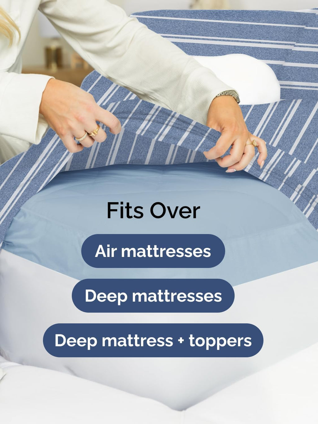 Skiennix Extra Deep Full Sheet Set - 6 Piece Cooling & Breathable Bedding - Soft, Wrinkle-Free Blue Stripes