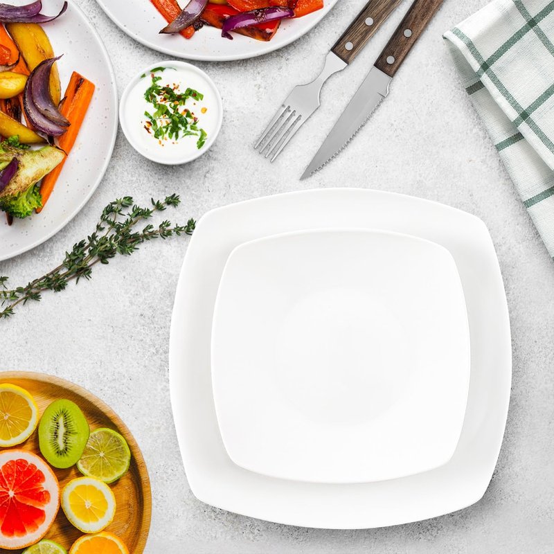 Zulay Kitchen Luna Plates and Bowls Sets, 12 Piece Modern Porcelain Dish Set for 4, Chip and Scratch Resistant Square Dinnerware Set, Microwave and Dishwasher Safe, Pearl White