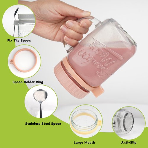 ANOTION Overnight Oats Containers with Lids and Spoons - 16 oz Mason Jars with Handle Set of 4 - Airtight Glass Meal Prep Containers for Oats Overnight, Yogurt Oatmeal Cereal Pudding Cups with Lids