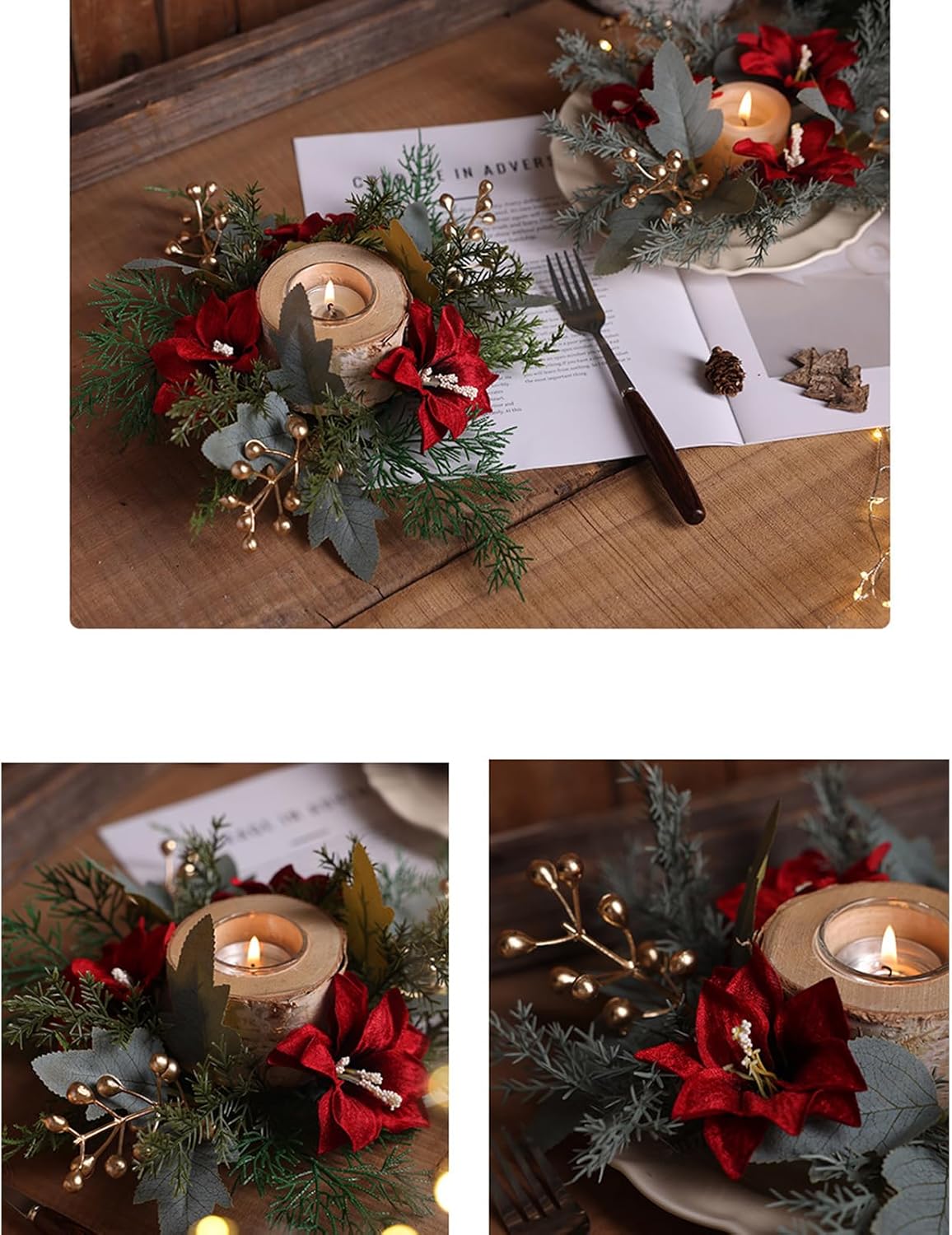 Regine Switzerland Christmas Candle Rings - Festive Pine Needles & Berry Red Flowers | Winter Table Centerpiece Decor