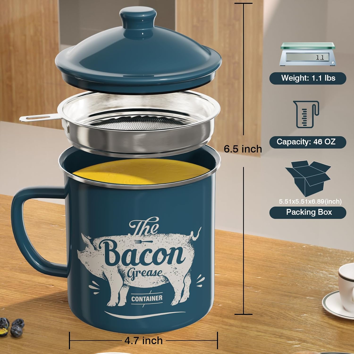 Skiennix Black Meat Chopper - 46oz Blue Bacon Grease Container for Easy Cooking Cleanup