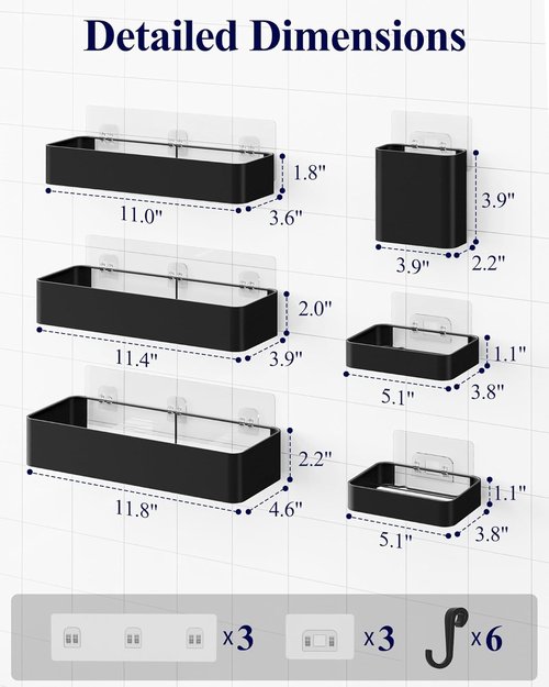 Kitsure Shower Caddy Adhesive | Rustproof 6-Pack No-Drill Bathroom Organizer - Large Black Shelves with Hooks