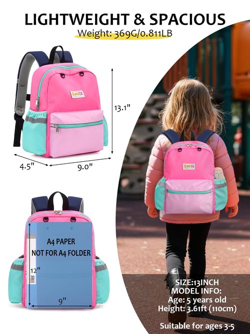 QOECI Toddler Backpack for Boys Girls 2-5, Kids Preschool Backpack, 13inch Little Kids Backpack Daycare School Bookbag for Kindergarten Elementary School Travel,Light Pink
