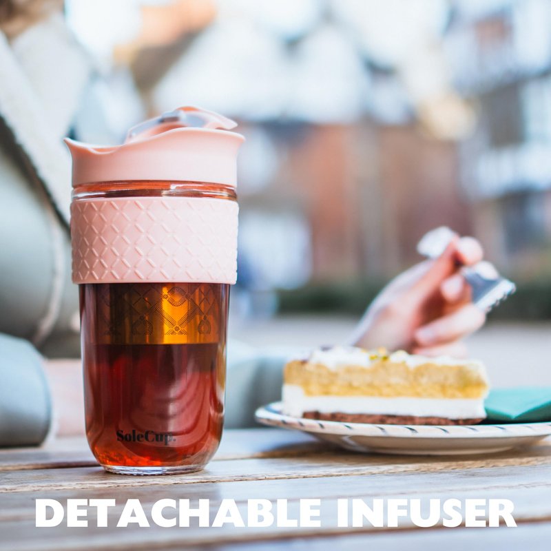 SoleCup. Large Travel Mug Loose Tea Infuser - Detachable Tea Strainer with Spill Proof Lid - 18oz/530ml BPA-Free Reusable Glass Travel Coffee Cup with Silicone Band (Black, 18oz)