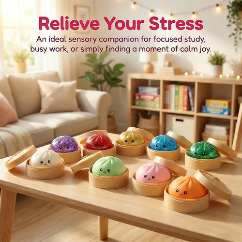Dumpling Squeeze Toy - Glitter Soft Dough Stress Ball with Steamer Box | Sensory Gift for Kids & Adults (A-Blue)