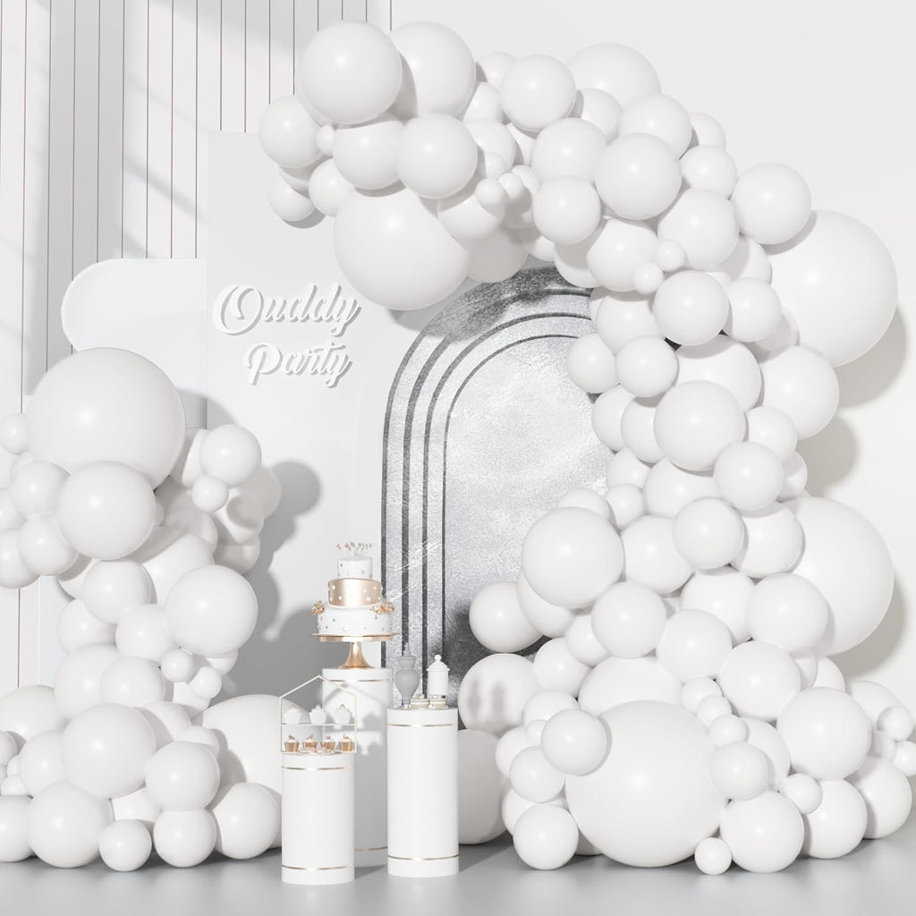 Ouddy White Balloon Set - 129Pcs in Various Sizes with 6Pcs 18” Matte Arch Garland Kit | Perfect for Parties & Celebrations