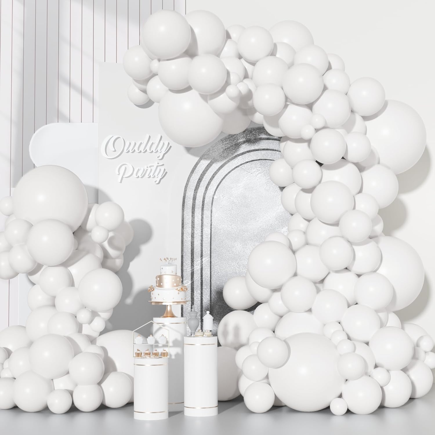 Ouddy White Balloon Set - 129Pcs in Various Sizes with 6Pcs 18” Matte Arch Garland Kit | Perfect for Parties & Celebrations