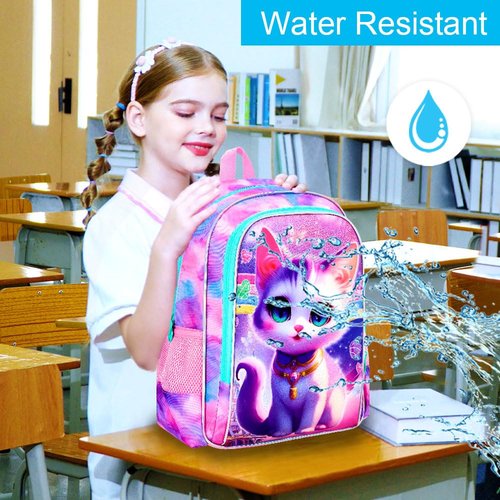 TXHVO 3Pcs Cat Backpack for School, 16" Girls Bookbag with Lunch Box, Kids Backpacks Set for Elementary Preschool Kindergarten(Pink)