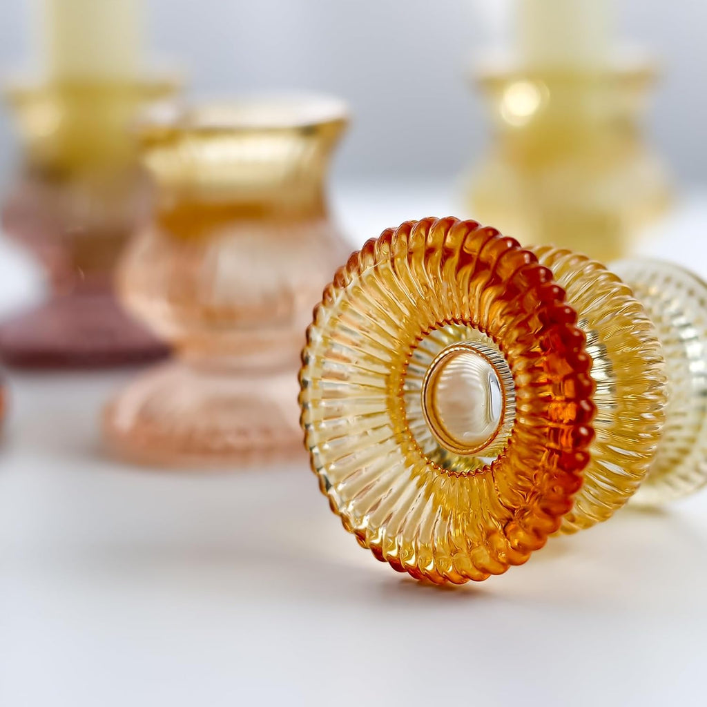 WDHODEC Orange Candlestick Holders - 12PCS Glass Taper Holders for Colorful Table Centerpieces