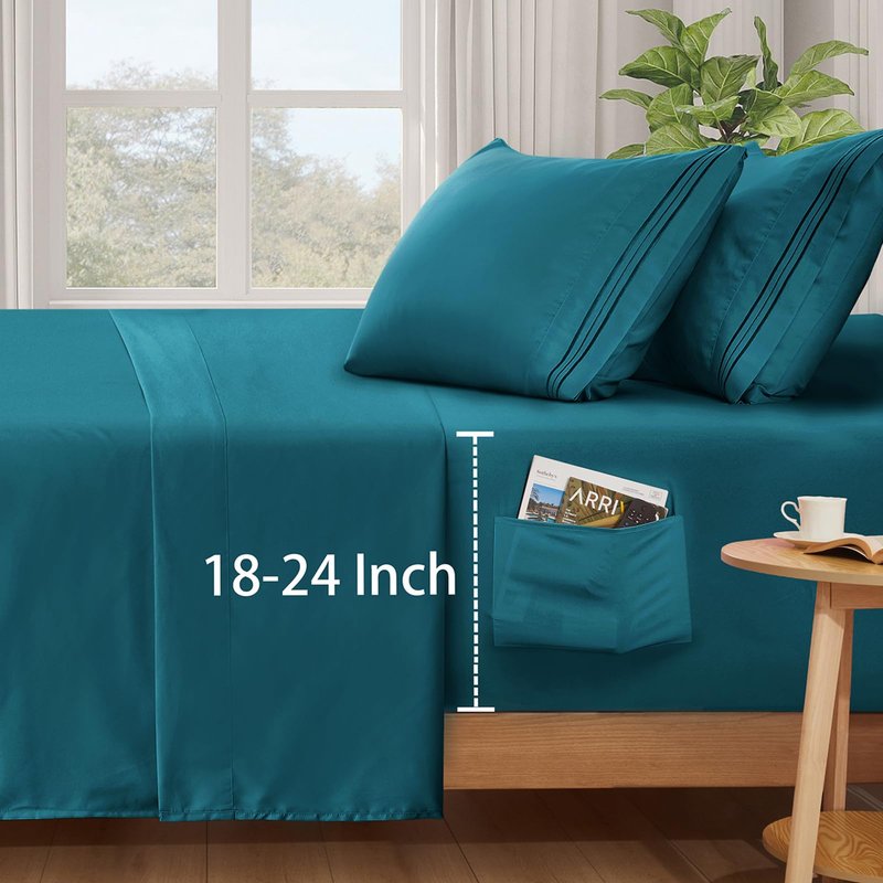 SiinvdaBZX Extra Deep Pocket Queen Sheets Set - Fits Mattress Up to 24 Inches Thick - 4 Piece Teal Deep Pocket Sheets for Air Mattress - Soft 1800 Thread Count Fitted Sheet with Side Pocket
