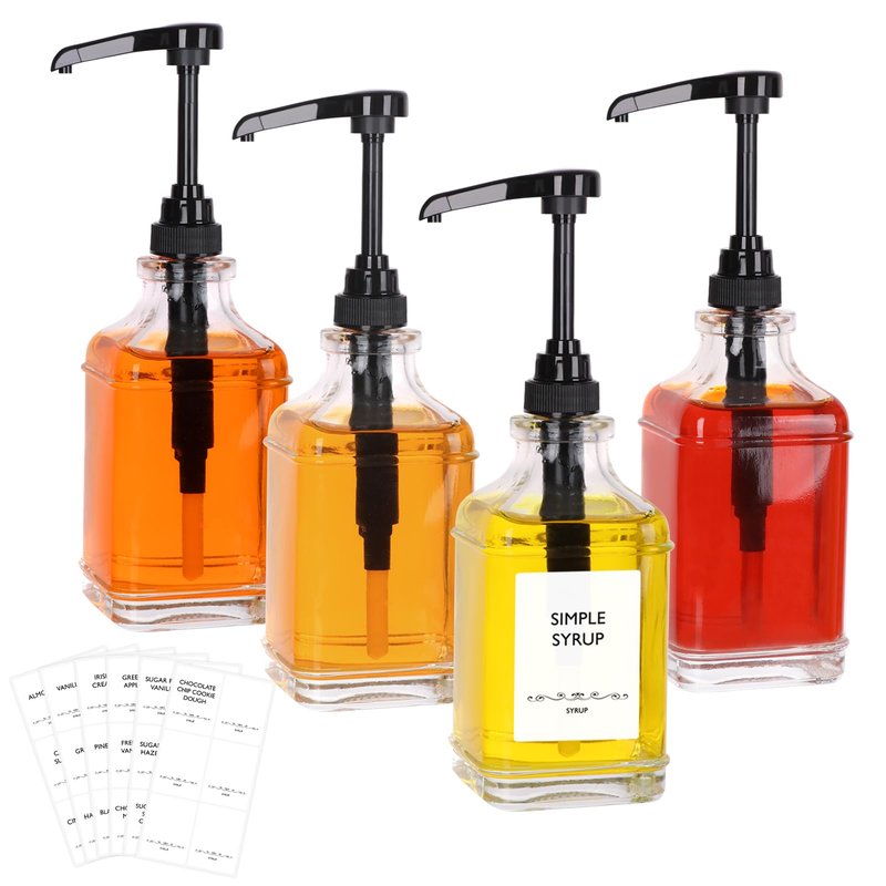 SZUAH 16oz Coffee Syrup Dispenser with Pumps 4pack(480ml), Leak-Proof Syrup Dispensers for Coffee Bar, Kitchen and Commercial Use with Stickers