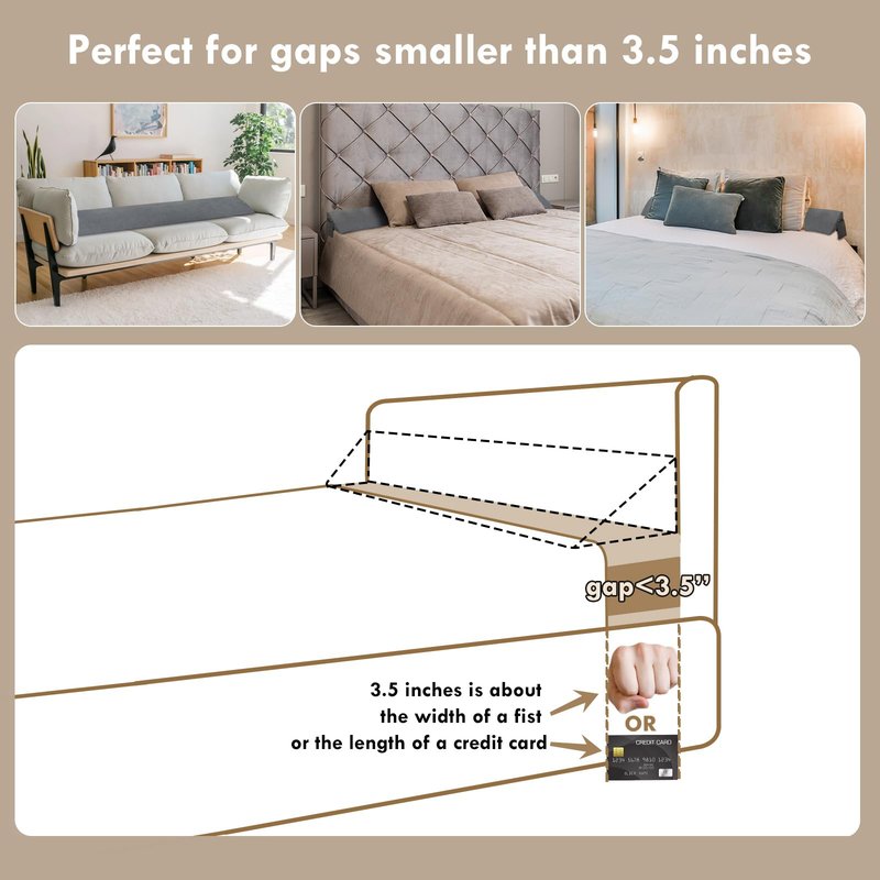 Vekkia Queen Bed Wedge Pillow for Headboard Gap Filler(0-3.5"),High-Density Foam,Prevents Pillows & Items Loss,Ergonomic Design,Large Storage Pockets,Removable&Washable Cover,Gray,60"x7"x5"
