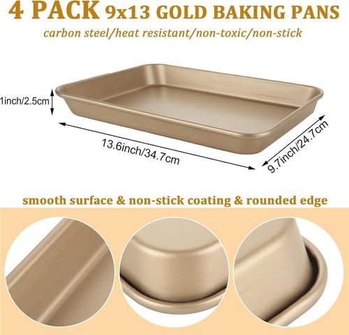 Acrux7 Nonstick 9x13 Baking Pan Set - 4 Pack Carbon Steel Quarter Sheet Trays in Gold