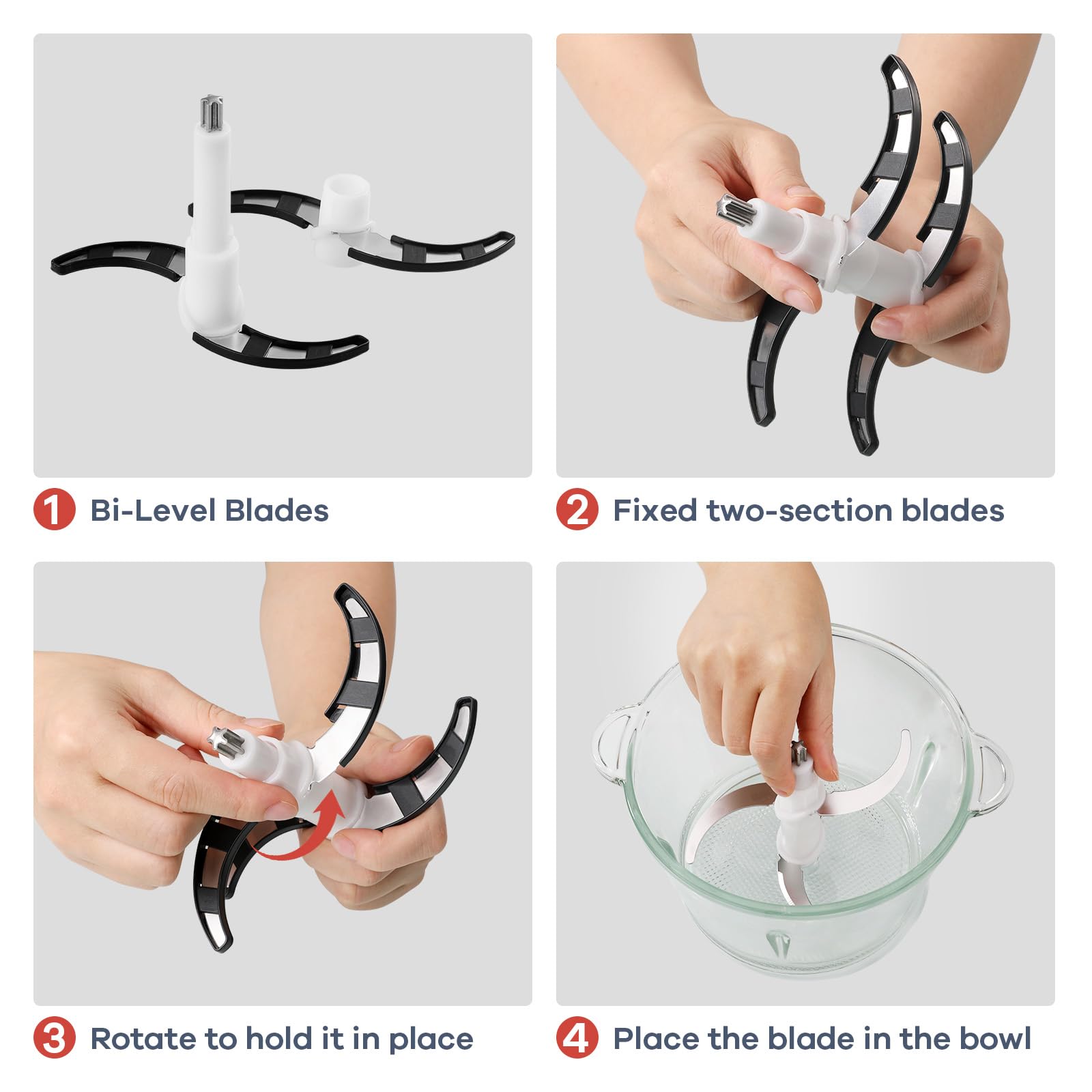 GANIZA Food Processors, Electric Chopper with Meat Grinder & Veggie Chopper - 2 Bowls (8 Cup+8 Cup) with Powerful 450W Copper Motor - Includes 3 Sets of Bi-Level Blades