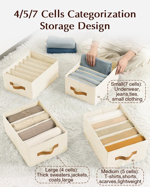 Homsorout Clothes Organizer - Foldable Fabric Jeans & Sweater Storage with Handles | 6 Pack, Beige