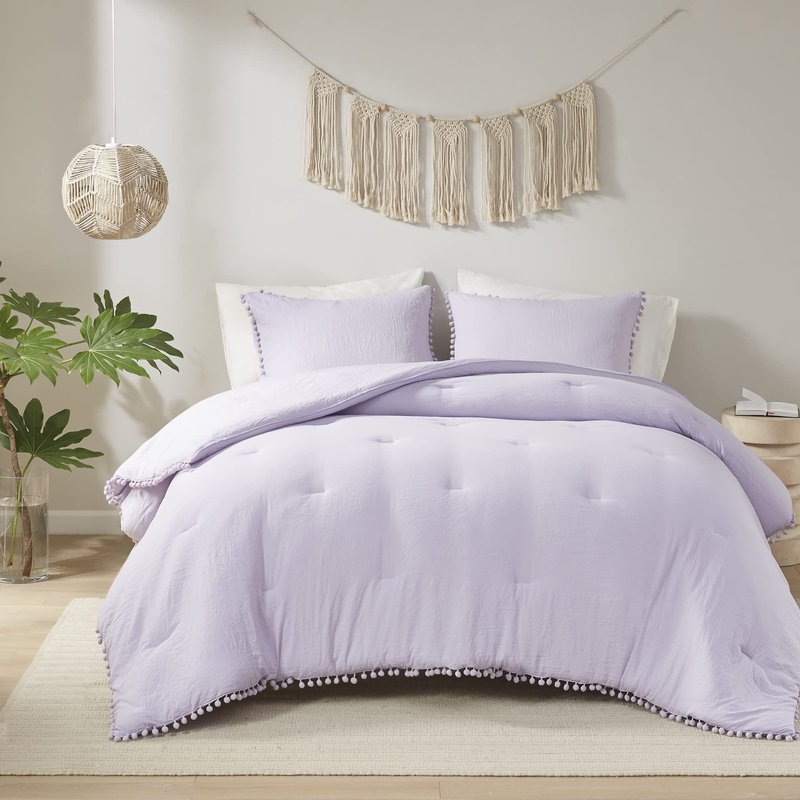 Codi Lavender Purple Boho Twin Comforter Set for Girls, Aesthetic Pom Fringe Design Cute Bedding, Soft Washed Microfiber Bed Sets, Lightweight Chic,1 Comforter & 1 Pillowcase
