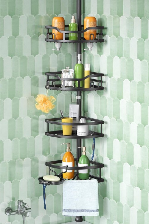 HAMITOR Corner Shower Caddy - Rustproof 4-Tier Bathroom Organizer for Bathtub Shampoo Storage | Adjustable 47-121 Inch Black Rack