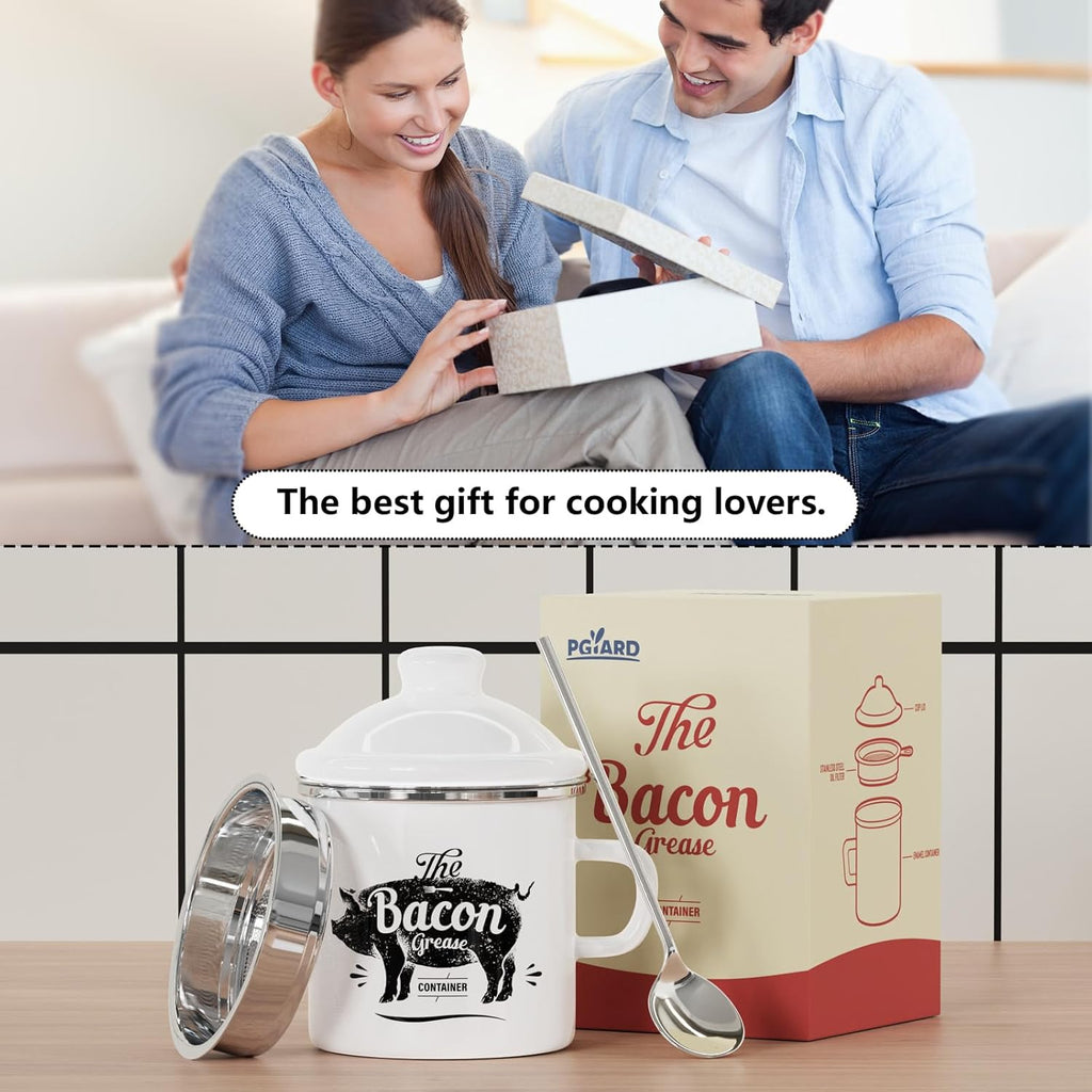 PGYARD Mini Bacon Grease Container - 15oz Enamel Strainer for Kitchen Fat Storage | Dishwasher Safe - White