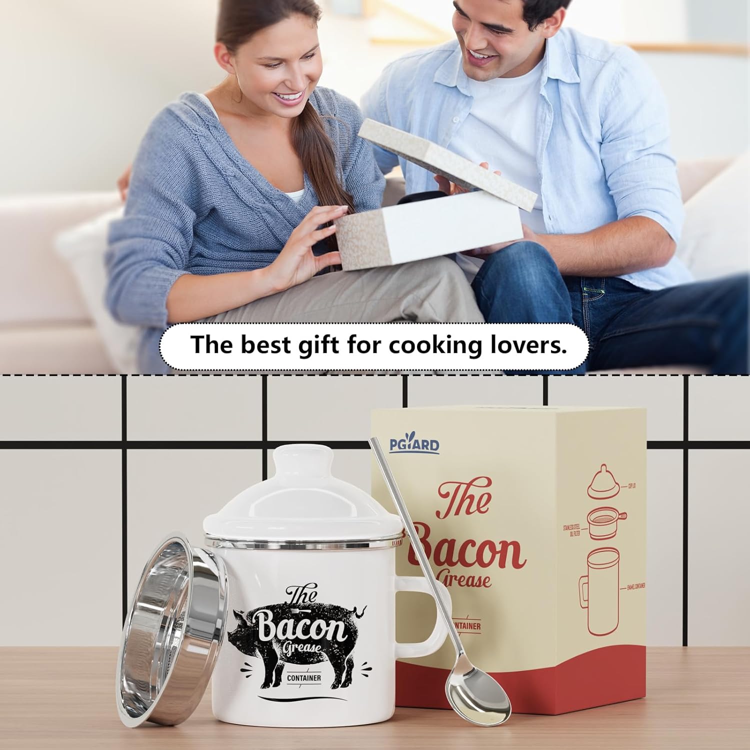 PGYARD Mini Bacon Grease Container - 15oz Enamel Strainer for Kitchen Fat Storage | Dishwasher Safe - White