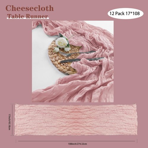 Bailarina 25 Pack Cheesecloth Table Runner 17x108 Inch Long Gauze Cheese Cloth 9ft Wrinkled Sheer Table Runner for Wedding Reception Birthday Party Table Decoration (Dusty Pink)