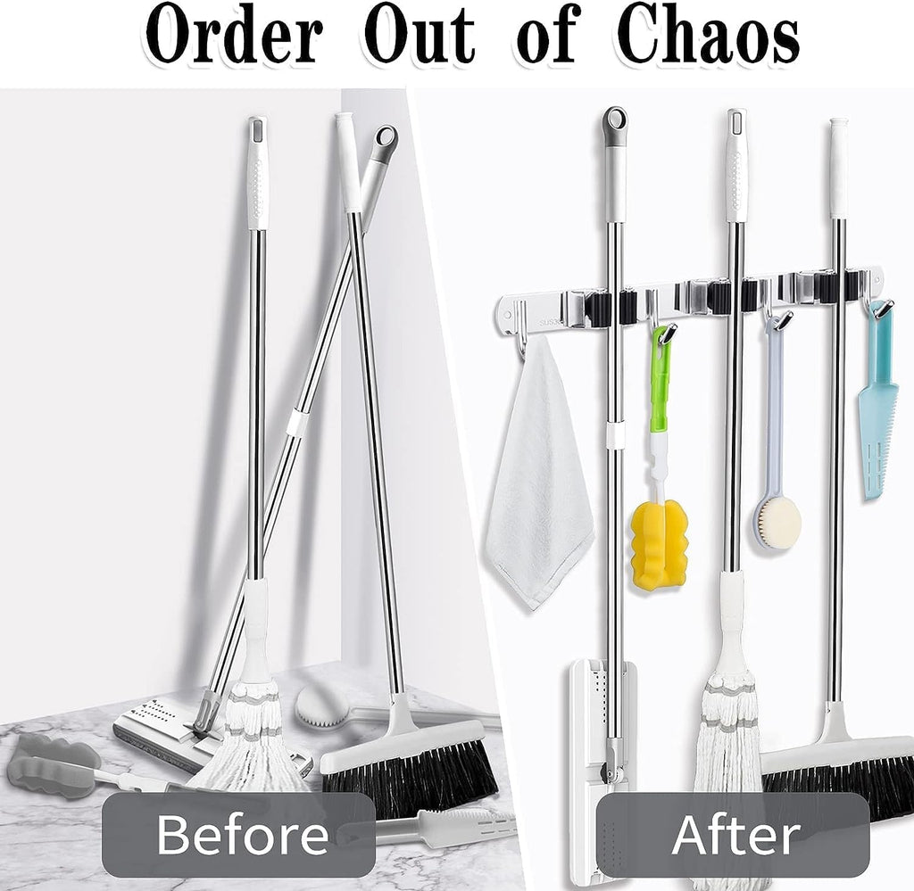 Skiennix Wall Mounted Broom and Mop Holder - Heavy Duty Stainless Steel Organizer | 2 Pack with 3 Racks & 4 Hooks