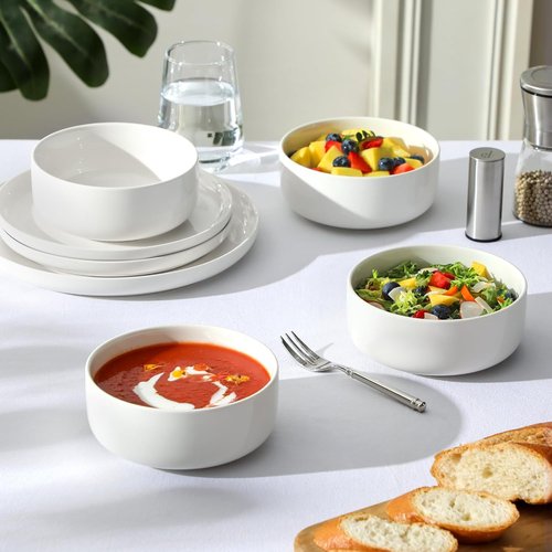 MALACASA 24 OZ Ceramic Cereal Bowls Set of 4 | 5.8 Inch Dishwasher & Microwave Safe - White LUNA Series