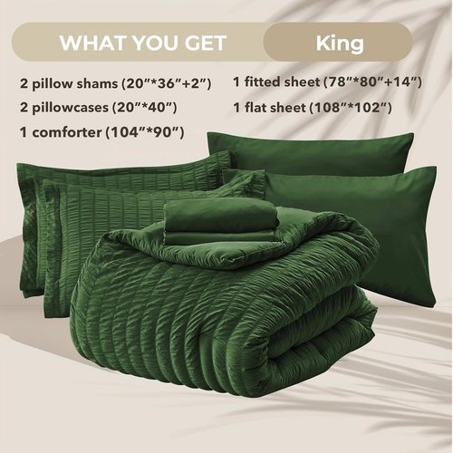HYMOKEGE King Size Comforter Set - Dark Green Seersucker 7-Piece Luxury Bedding Set | All-Season Comfort
